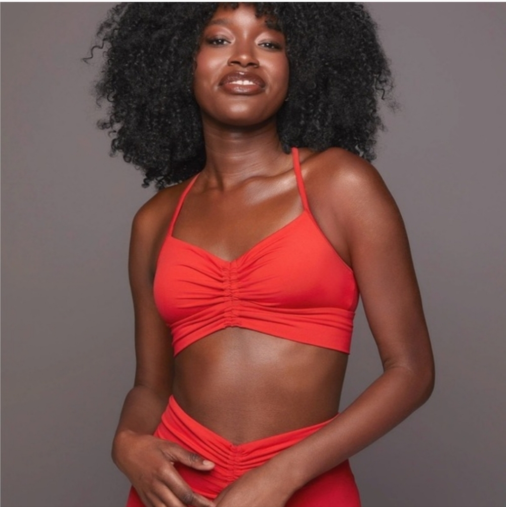 Matching Gym Set: Medium Ruched Red Bralette & Small Ruched Biker Short Set